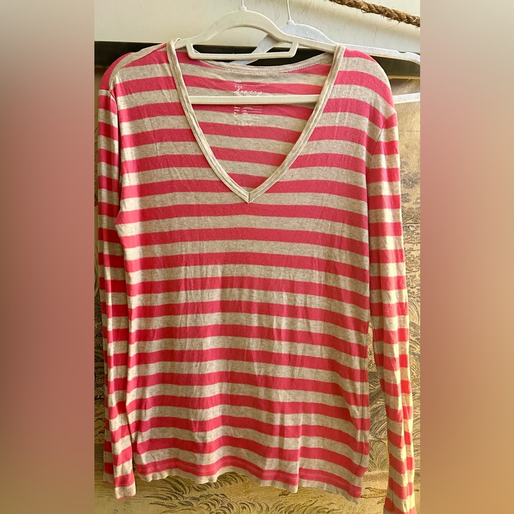 * Gap The Bowery Stripe V-Neck Top SZ Large Pink / Heathered Gray *